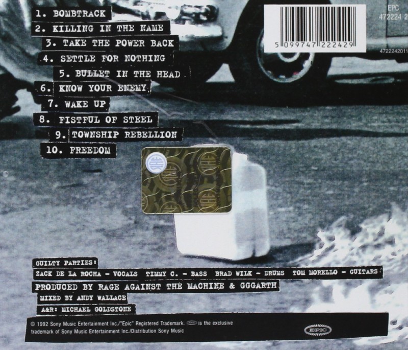 Rage Against The Machine Couverture Cd Album Dos 1992